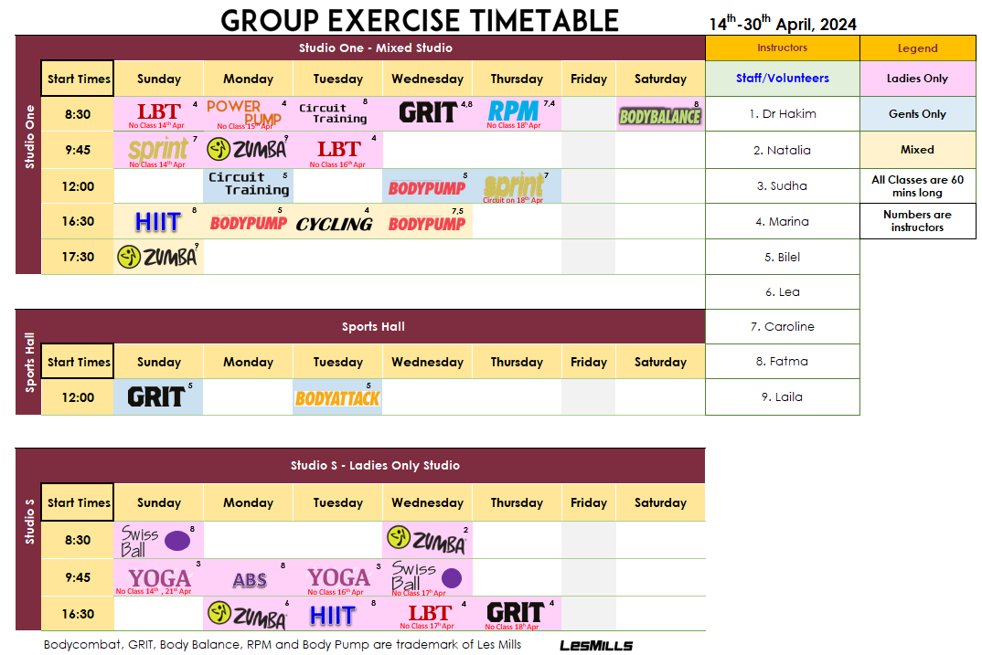 Gym Schedule April 2024